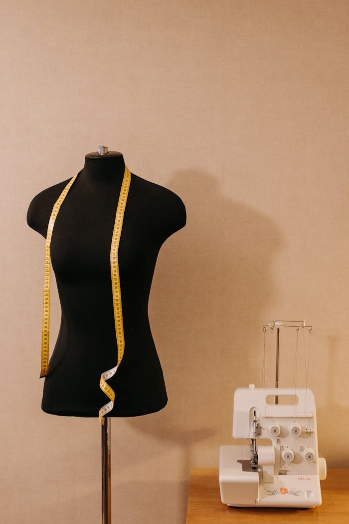services-03 Black mannequin with a yellow tape measure and white sewing machine on a wooden table.